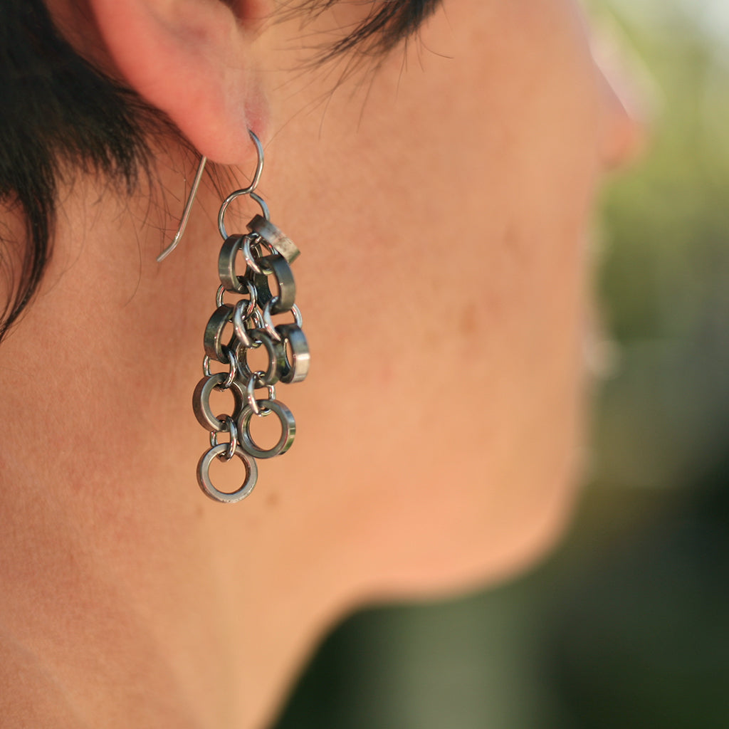 Roller Bling Earrings, Bike Jewelry, elevated, upcycled, unique, handmade, chicago, bike parts, Bike gifts, LINKS by Annette