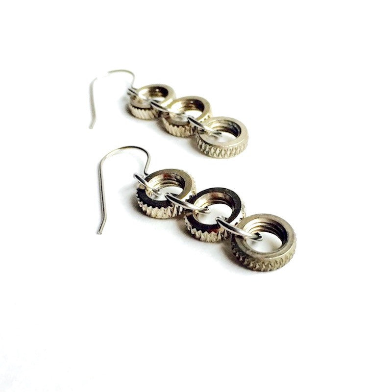 Presta Valve Nut Earrings, triple, Bike Jewelry, elevated, upcycled, unique, handmade, chicago, bike parts, Bike gifts, LINKS by Annette