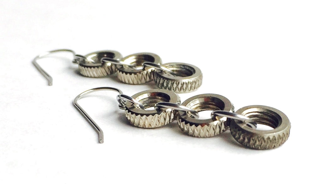 Presta Valve Nut Earrings, triple, Bike Jewelry, elevated, upcycled, unique, handmade, chicago, bike parts, Bike gifts, LINKS by Annette