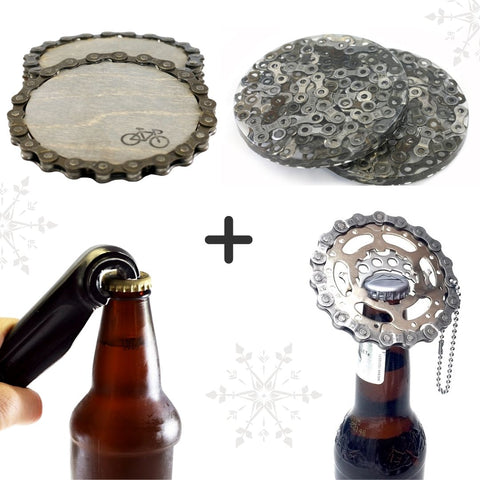 Holiday Combo Deal: Coaster and Bottle Opener Gift Set, Home goods, elevated, upcycled, unique, handmade, chicago, bike parts, Bike gifts, LINKS by Annette