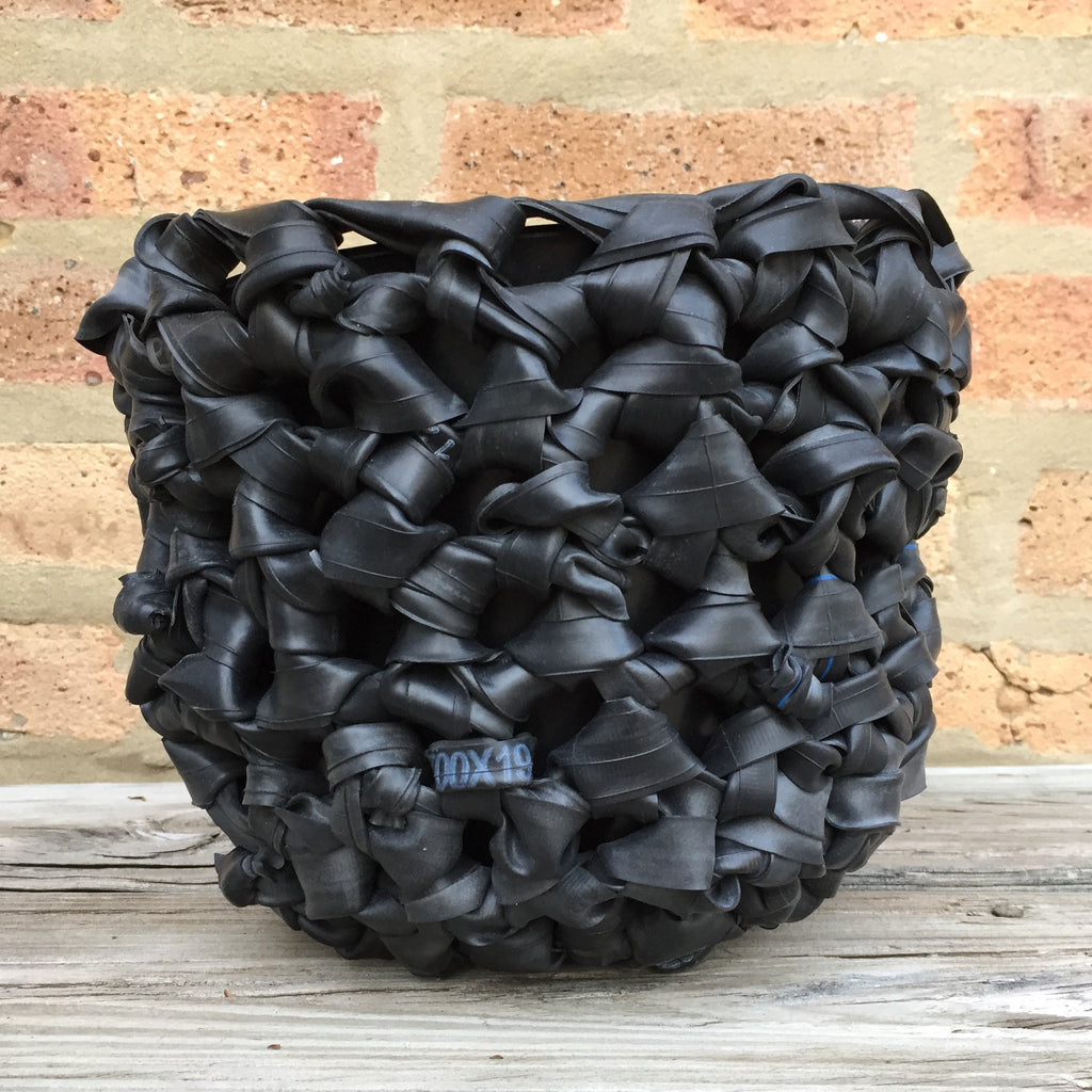 Inner Tube Crocheted Rubber Planter, Home goods, elevated, upcycled, unique, handmade, chicago, bike parts, Bike gifts, LINKS by Annette