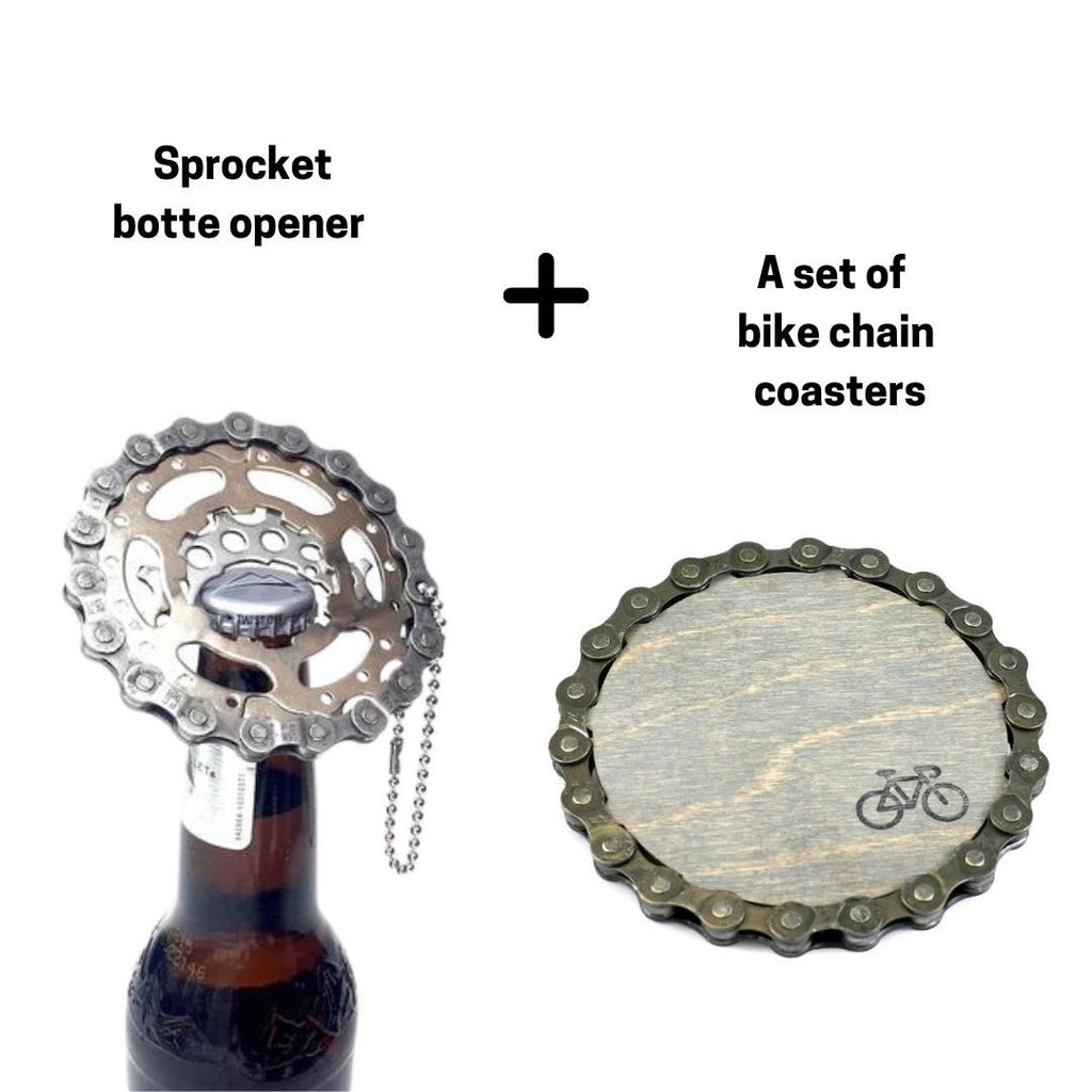 Holiday Combo Deal: Coaster and Bottle Opener Gift Set, Home goods, elevated, upcycled, unique, handmade, chicago, bike parts, Bike gifts, LINKS by Annette
